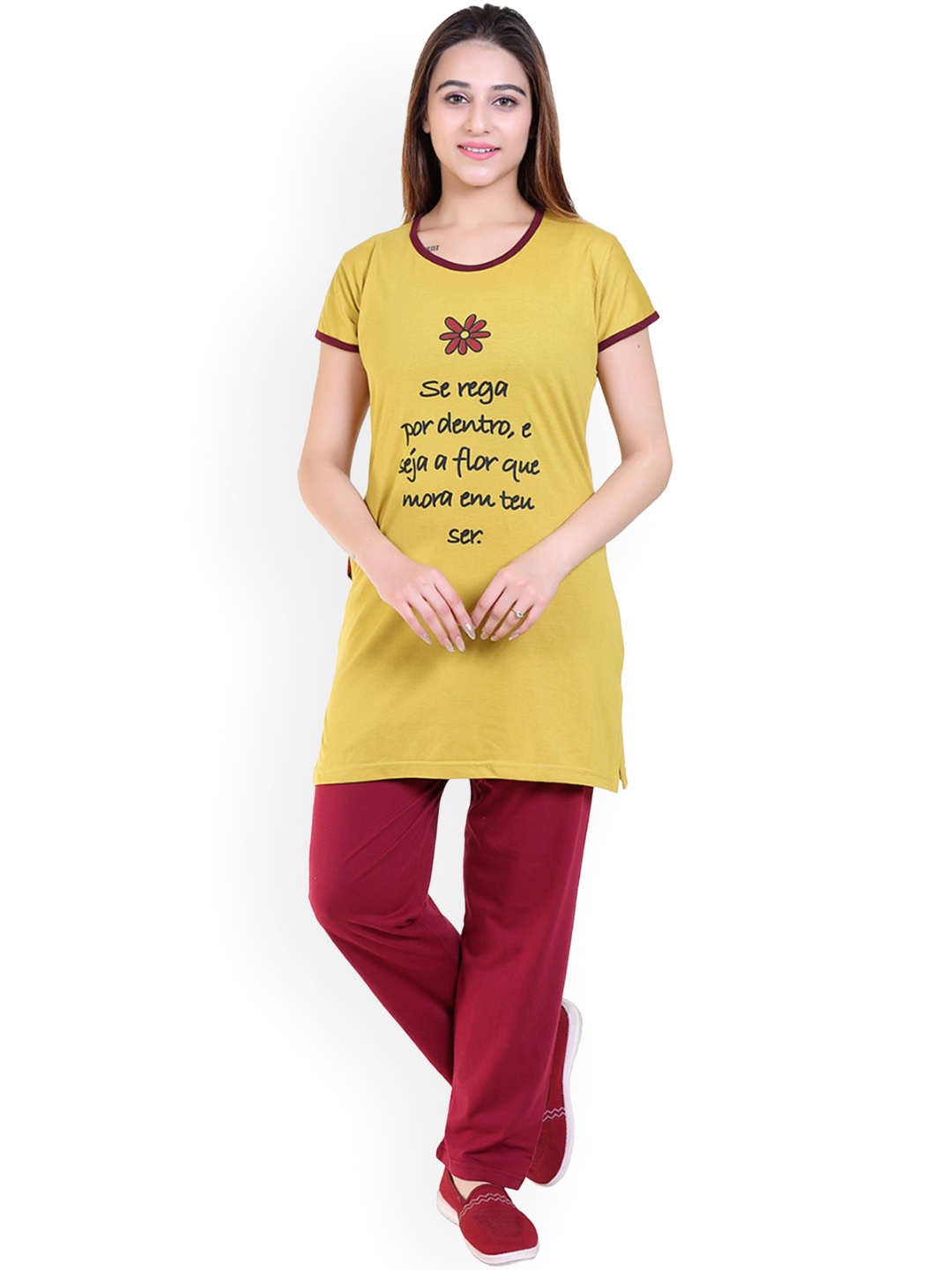 

TWENTY ME Printed Round Neck Night suit, Mustard