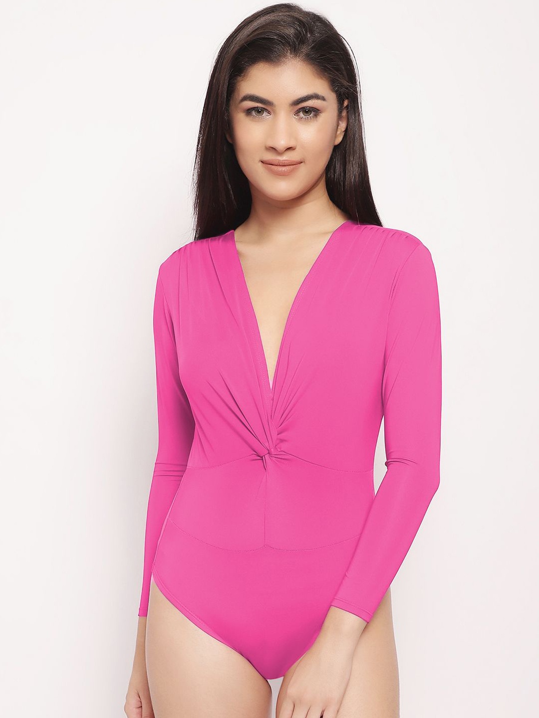 

EROTISSCH Women V-Neck Long Sleeve Bodysuit, Pink