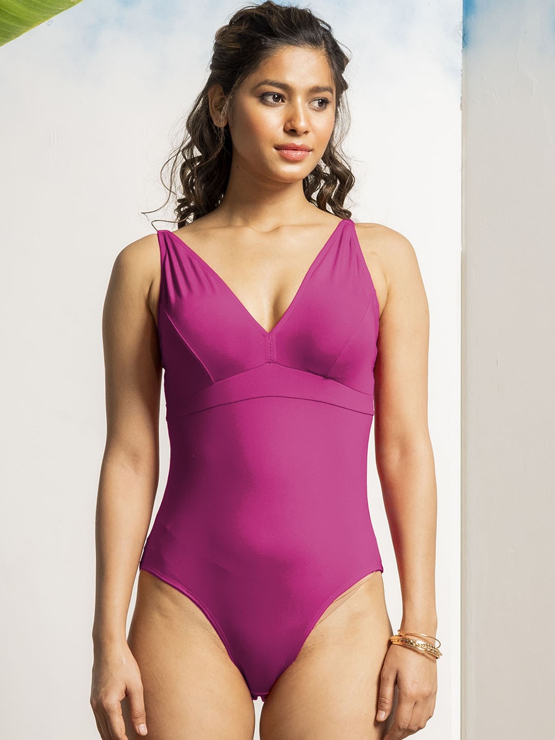 

EROTISSCH V-Neck Sleeveless Swim Bodysuit, Magenta