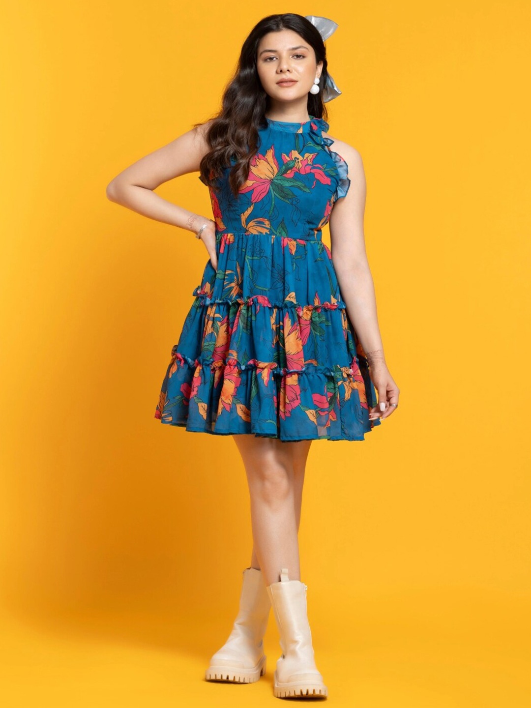 

Paramparik Textile Floral Printed Fit & Flare Dress, Blue