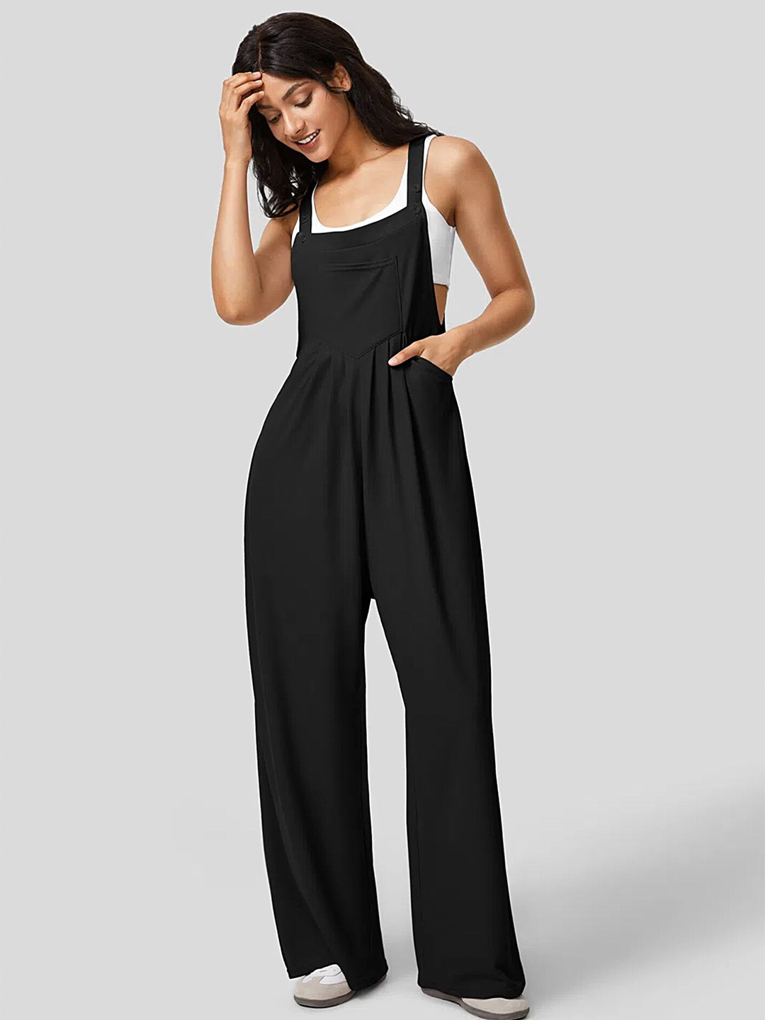 

LULU & SKY Shoulder Straps Wide Leg Basic Jumpsuit, Black