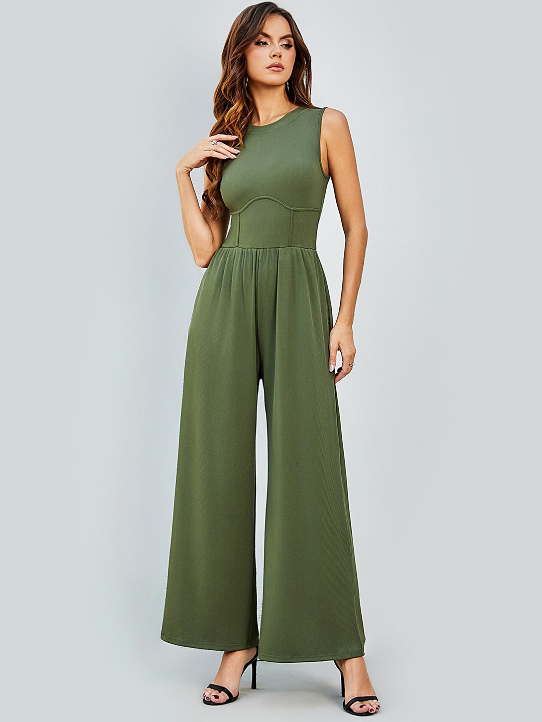 

LULU & SKY Round Neck Sleeveless Basic Jumpsuit, Green