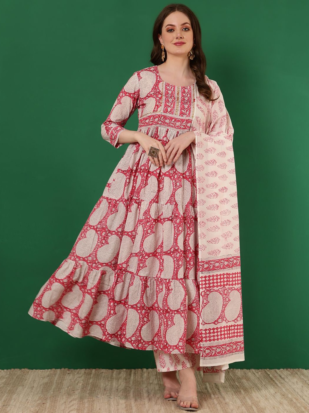 

GLAM ROOTS Paisley Printed Empire Pure Cotton Anarkali Kurta with Trousers & Dupatta, Pink