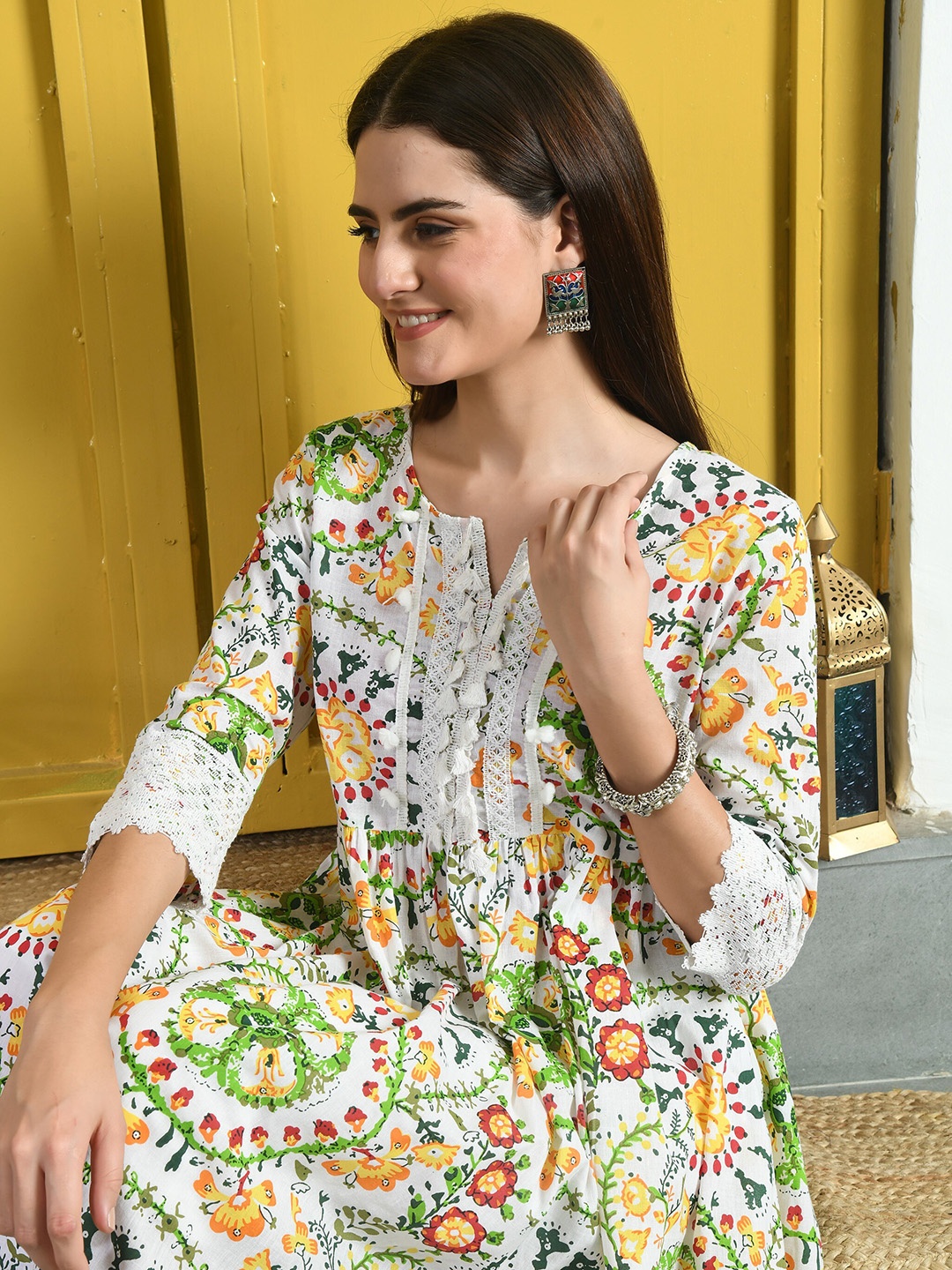 

CRENOL THREADS Floral Printed Lace Work Cotton Straight Kurta, Yellow