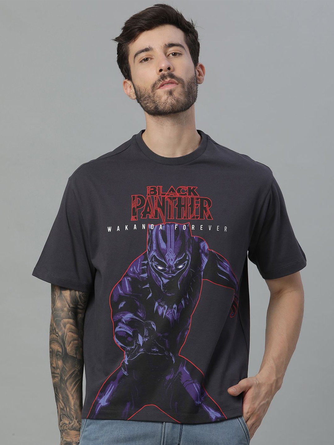 

Free Authority Black Panther Printed Pure Cotton Loose-Fit Tshirt, Grey