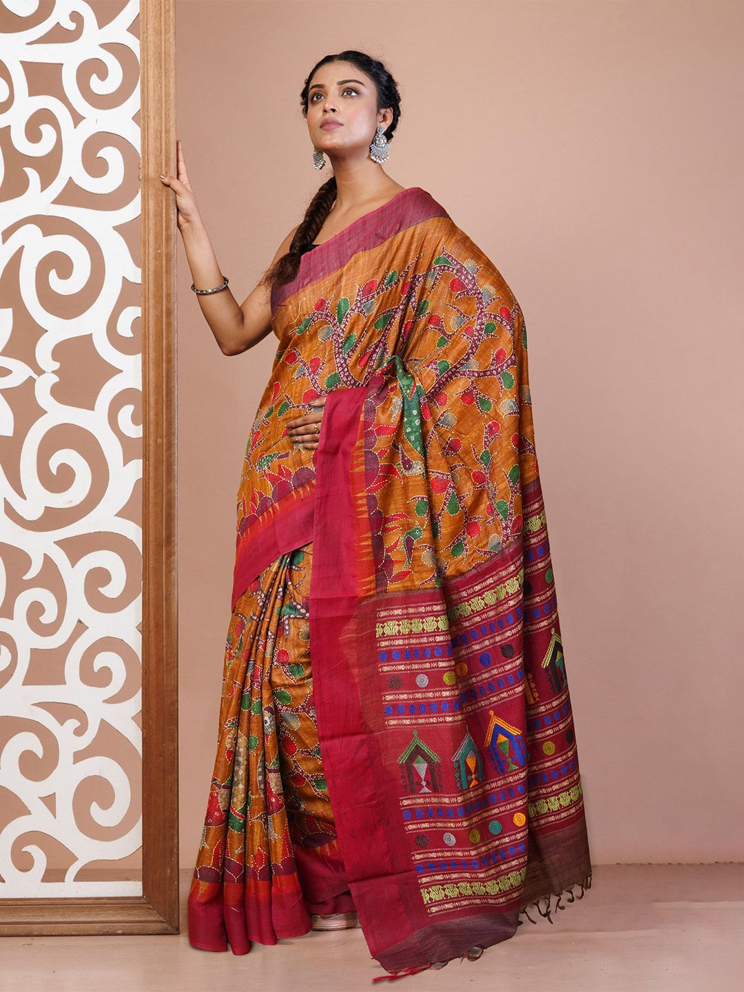 

Unnati Silks Ethnic Motifs Kantha Work Pure Silk Handloom Tussar Saree, Orange