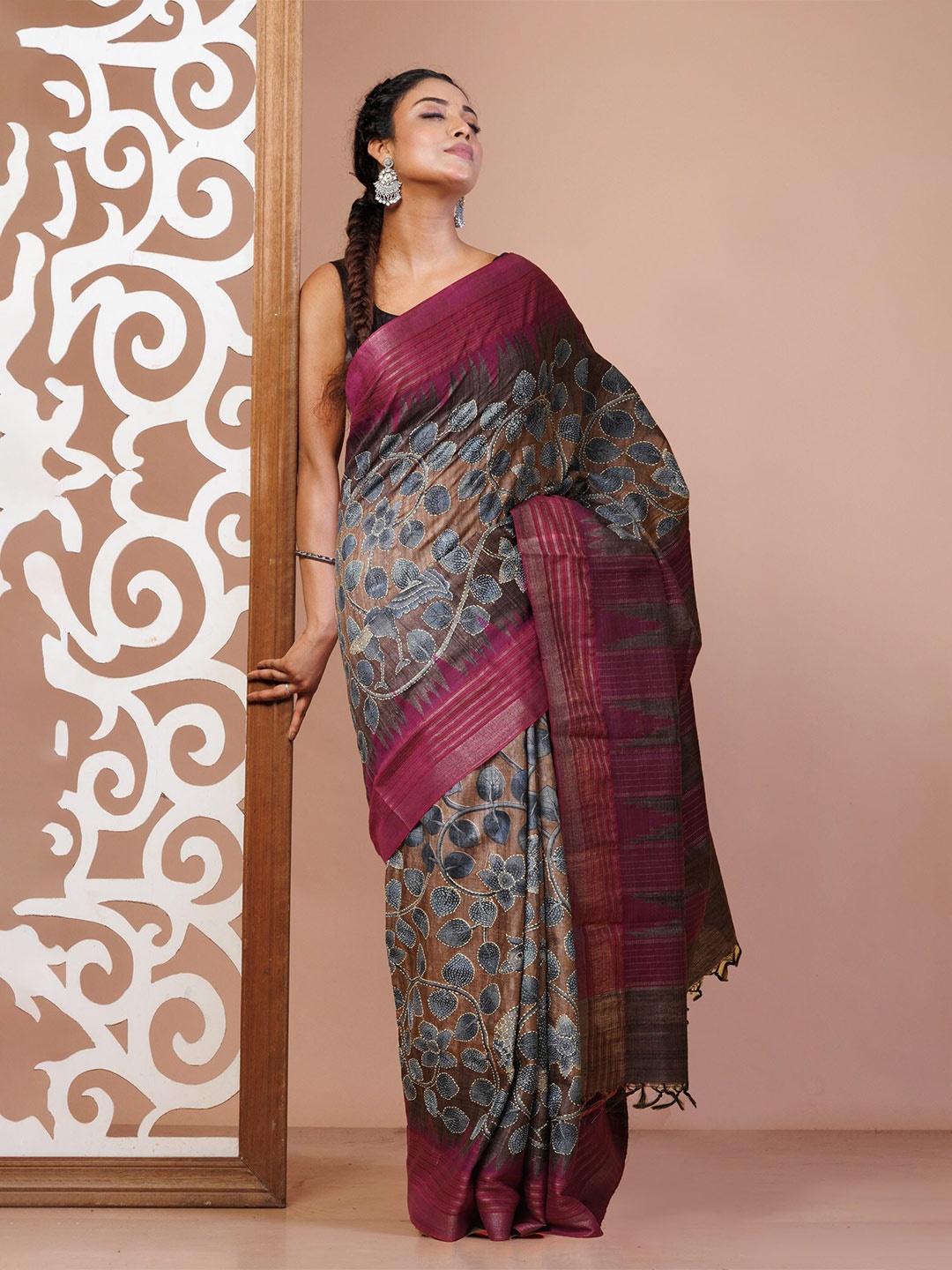 

Unnati Silks Ethnic Motifs Kantha Work Pure Silk Handloom Tussar Saree, Brown