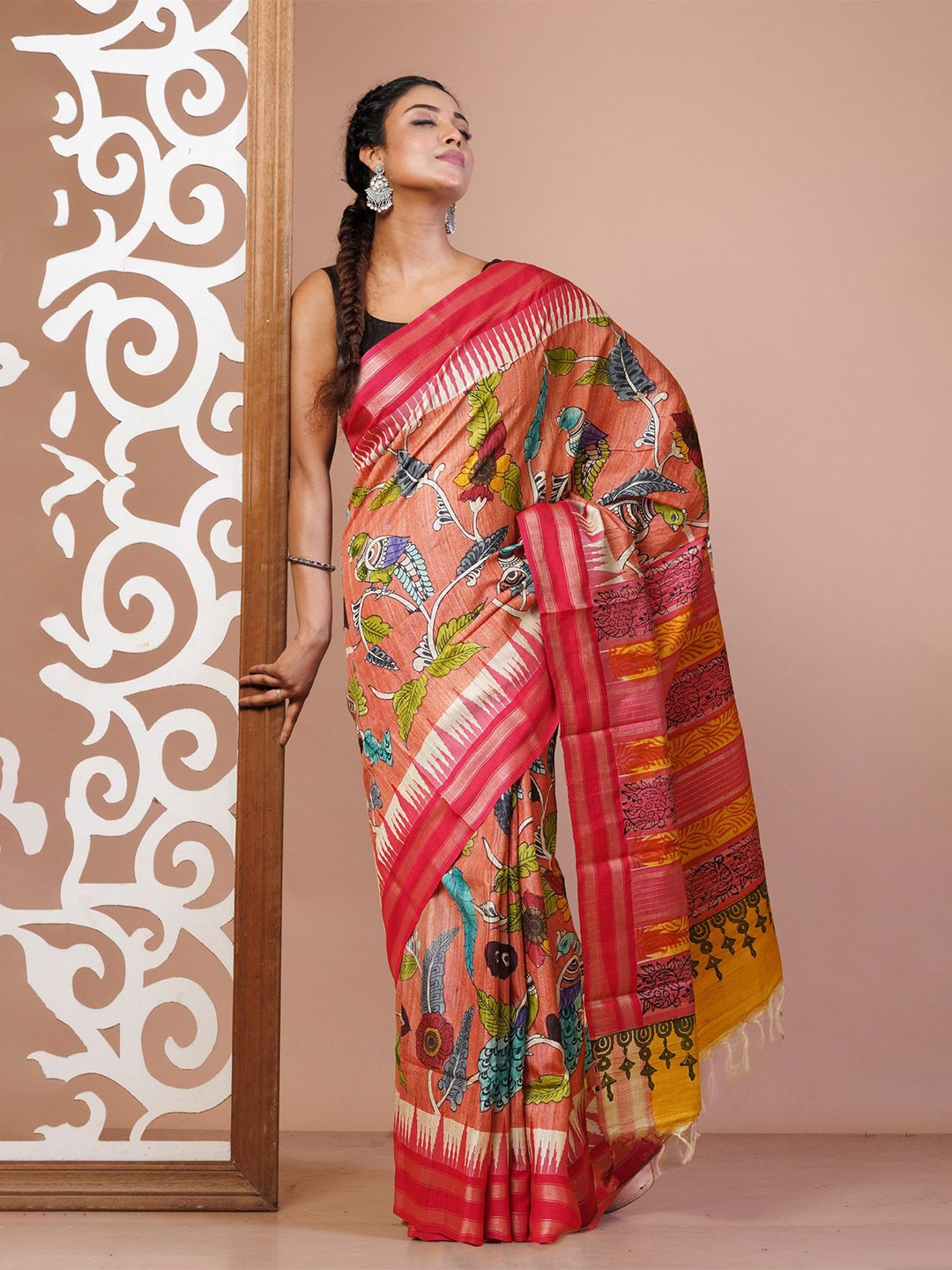 

Unnati Silks Ethnic Motifs Zari Pure Silk Handloom Tussar Saree, Peach