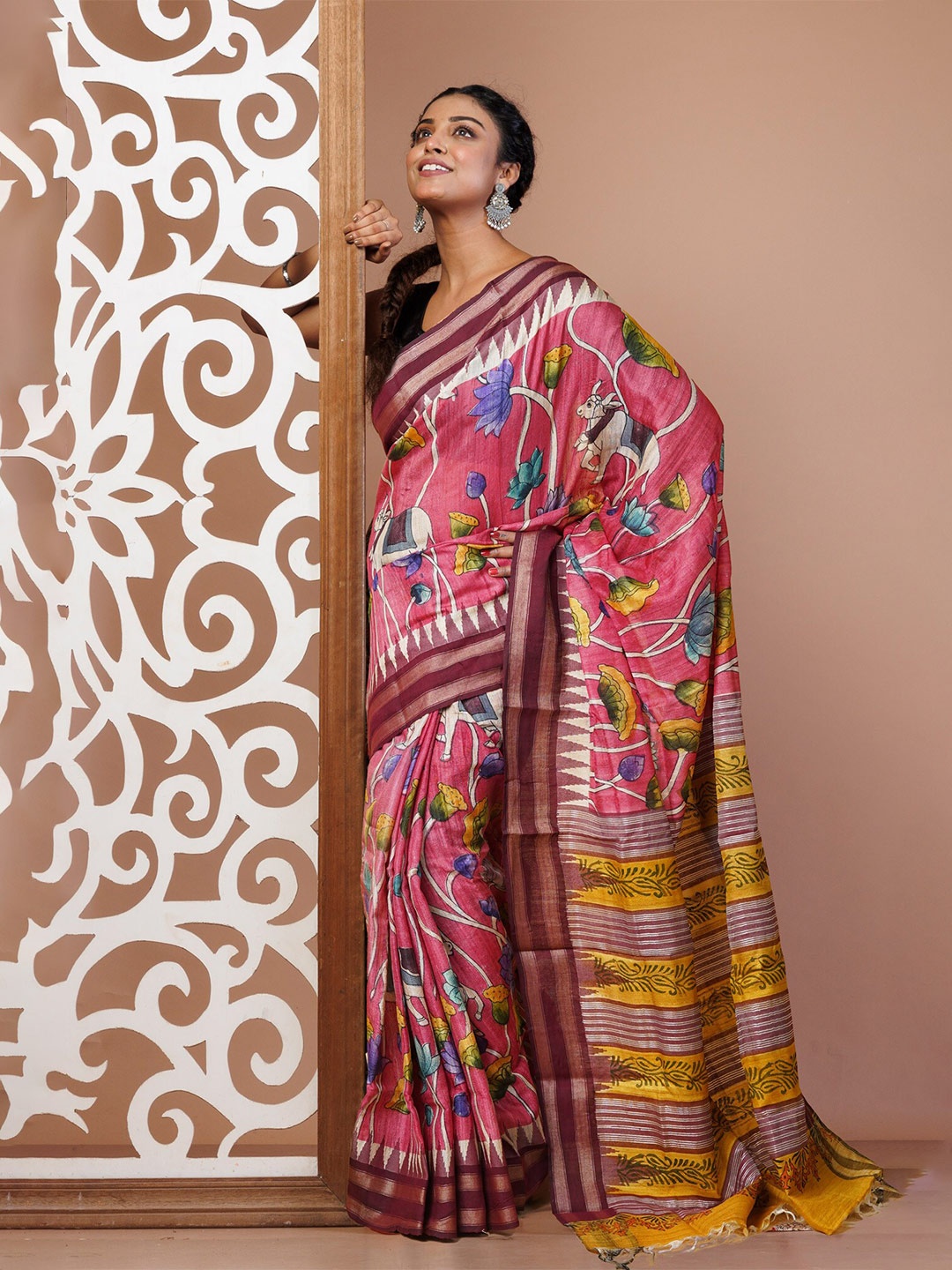 

Unnati Silks Ethnic Motifs Pure Silk Handloom Tussar Saree, Pink