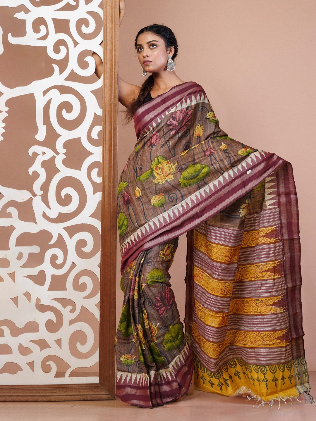 

Unnati Silks Ethnic Motifs Zari Pure Silk Tussar Saree, Brown