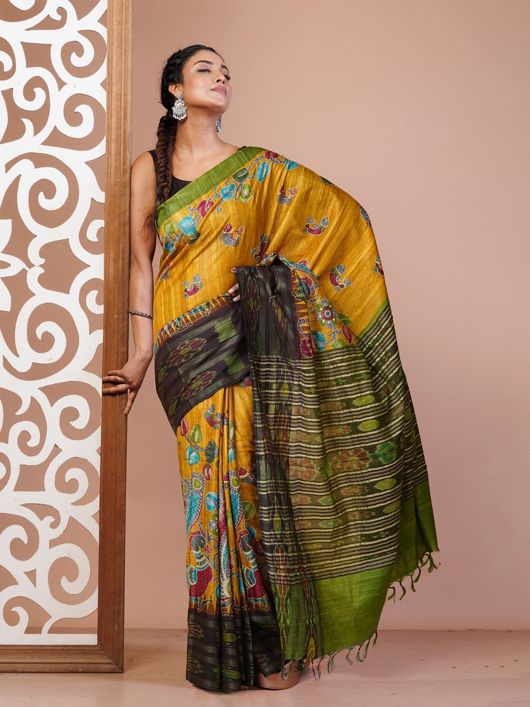 

Unnati Silks Ethnic Motifs Kantha Work Pure Silk Handloom Tussar Saree, Yellow