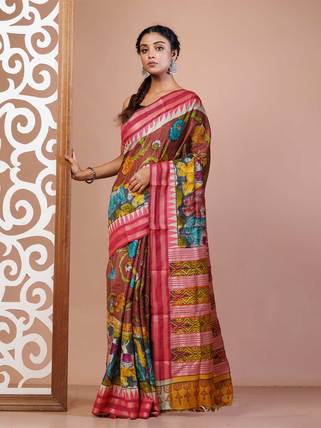 

Unnati Silks Floral Zari Pure Silk Handloom Tussar Saree, Rust