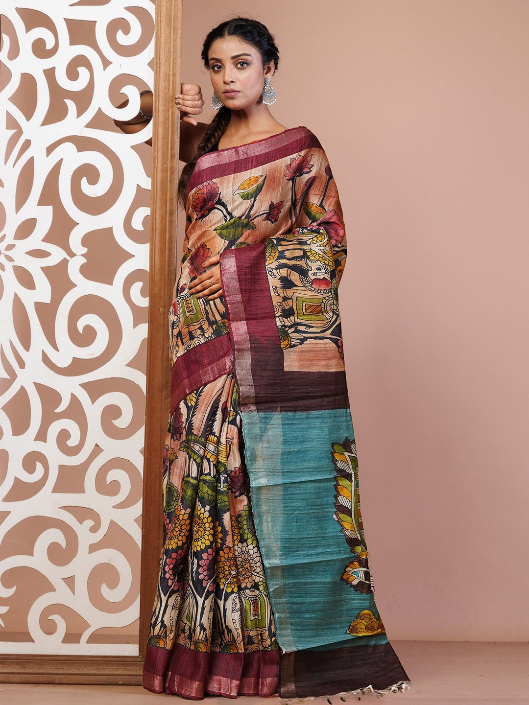 

Unnati Silks Ethnic Motifs Zari Pure Silk Handloom Tussar Saree, Blue