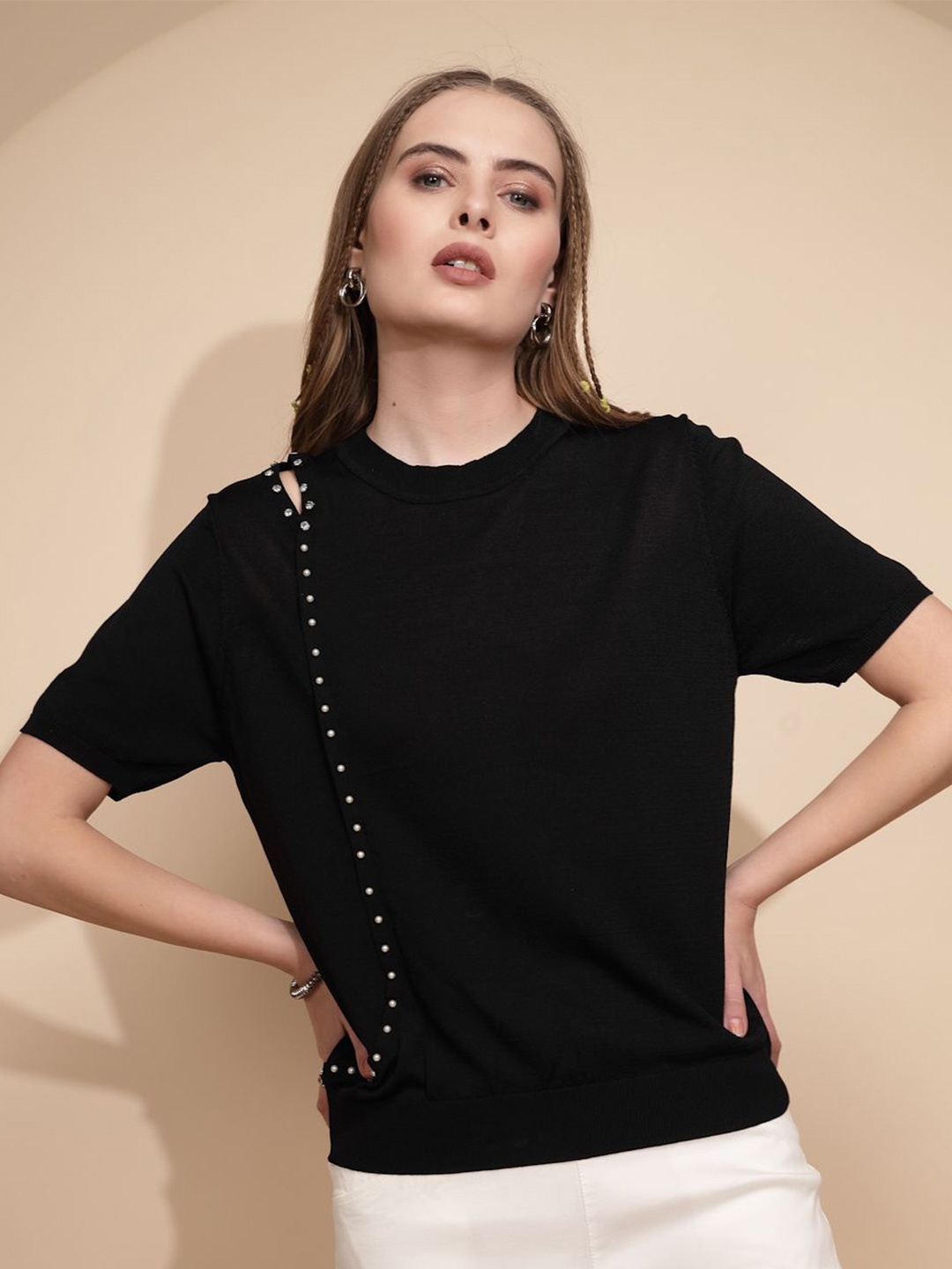 

Global Republic Solid Round Neck Top, Black