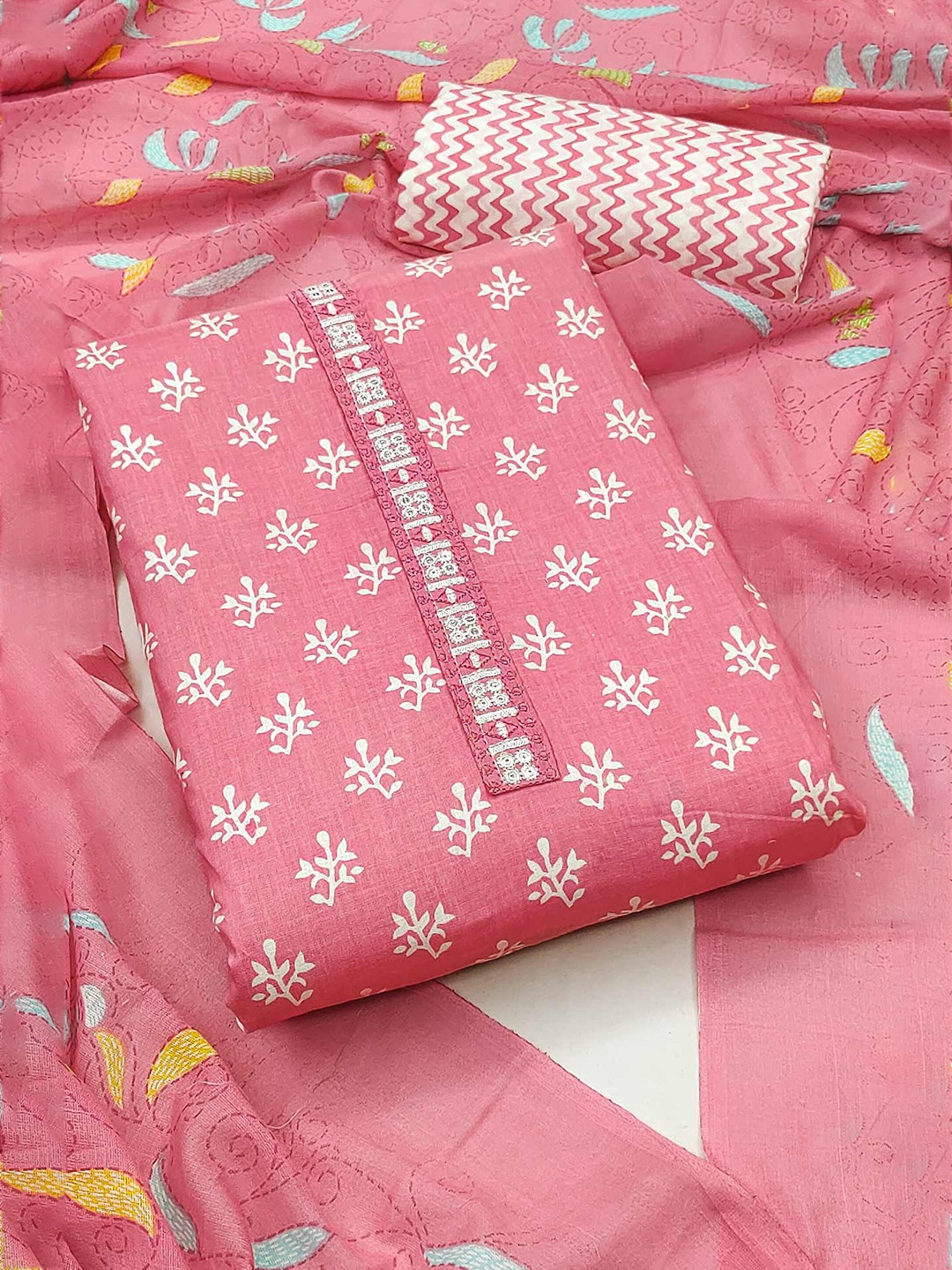 

Peachmode Printed Pure Cotton Unstitched Dress Material, Pink