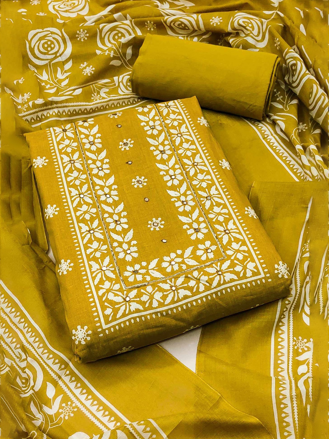 

Peachmode Printed Pure Cotton Unstitched Dress Material, Mustard