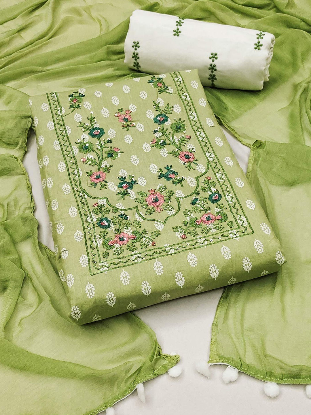 

Peachmode Floral Printed Pure Cotton Sequinned Unstitched Dress Material, Green