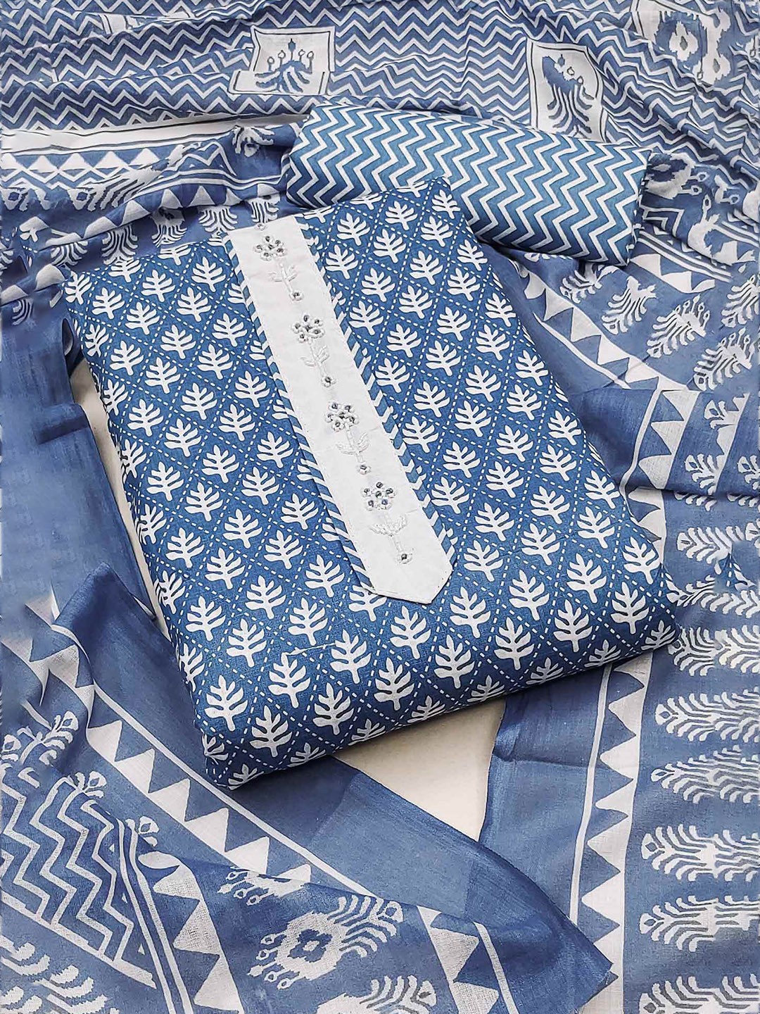 

Peachmode Printed Pure Cotton Unstitched Dress Material, Blue