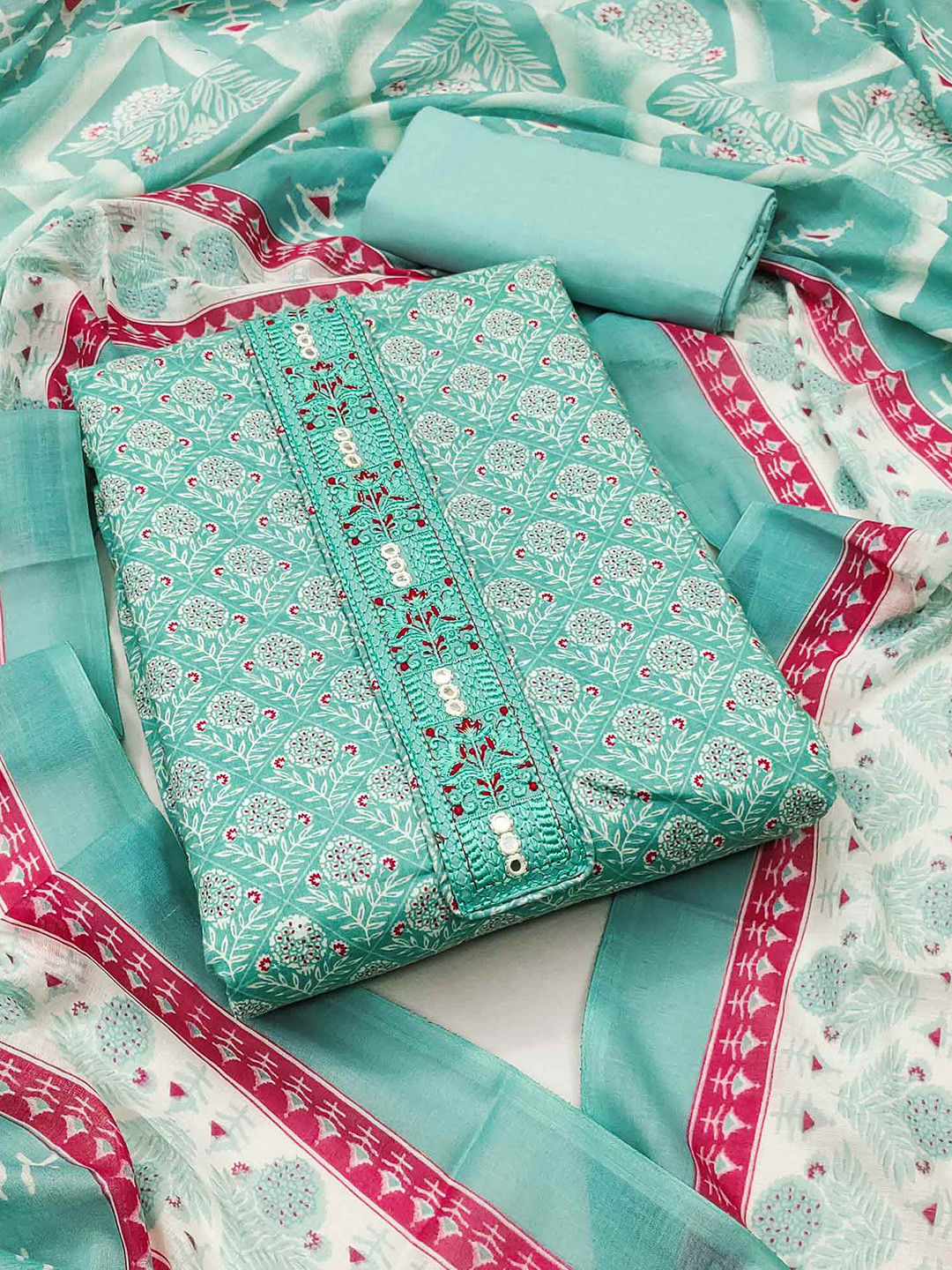 

Peachmode Floral Printed Pure Cotton Unstitched Dress Material, Sea green