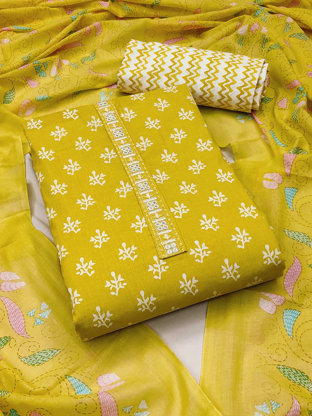 

Peachmode Printed Pure Cotton Unstitched Dress Material, Yellow