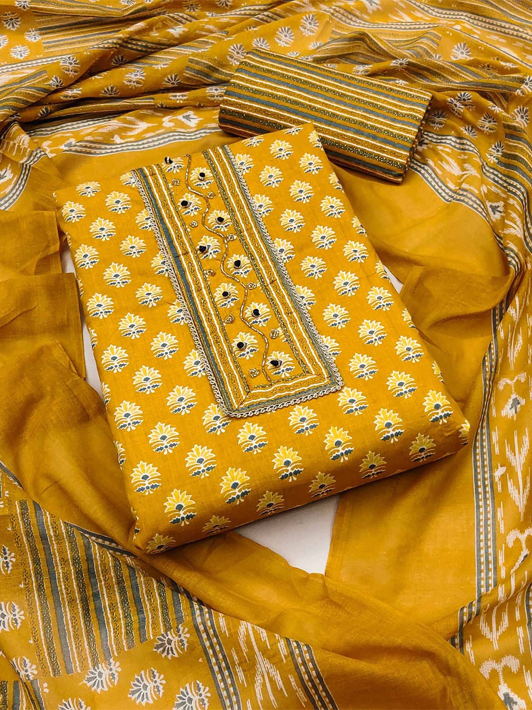 

Peachmode Printed Pure Cotton Unstitched Dress Material, Mustard
