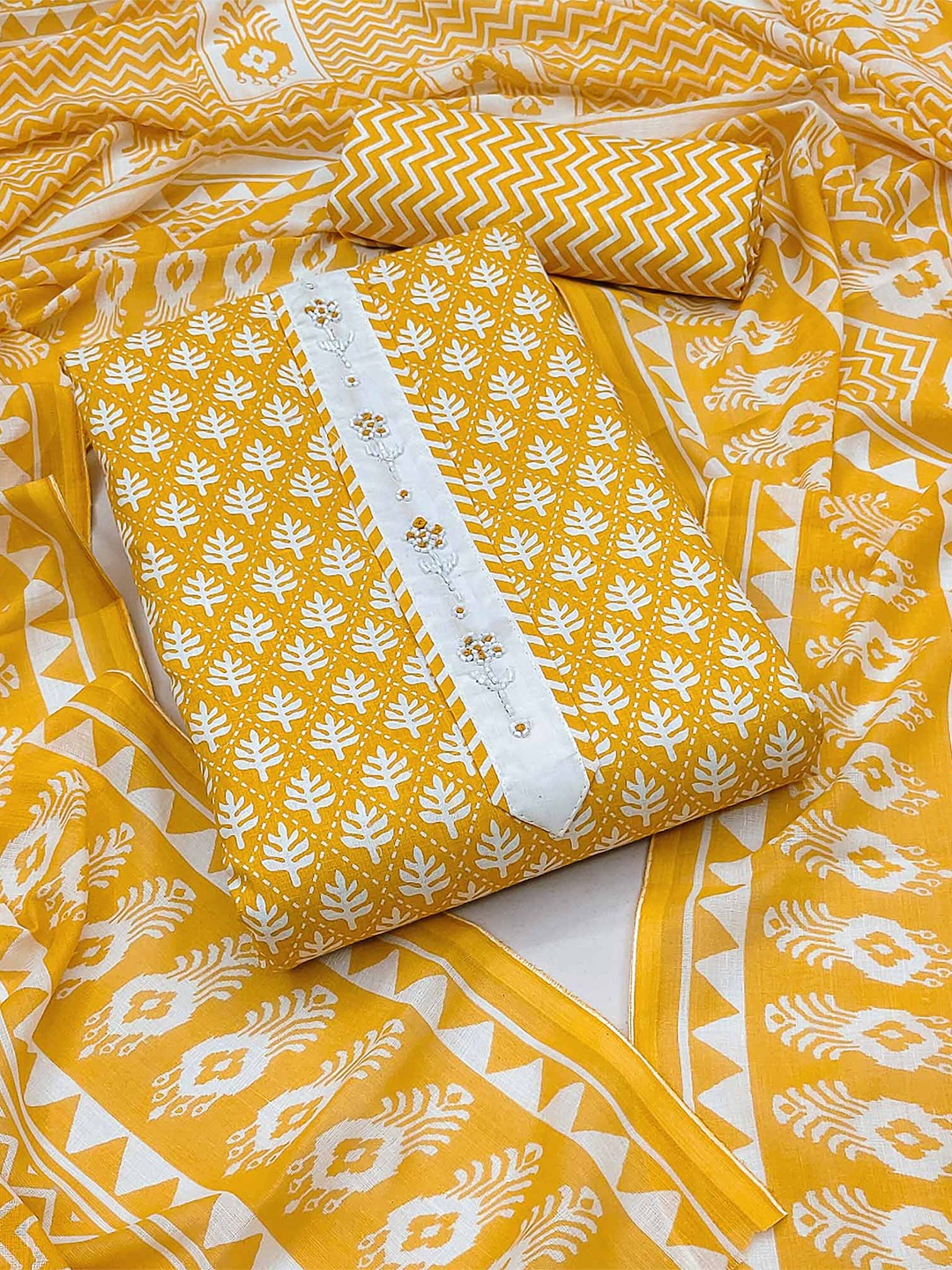

Peachmode Printed Pure Cotton Unstitched Dress Material, Mustard