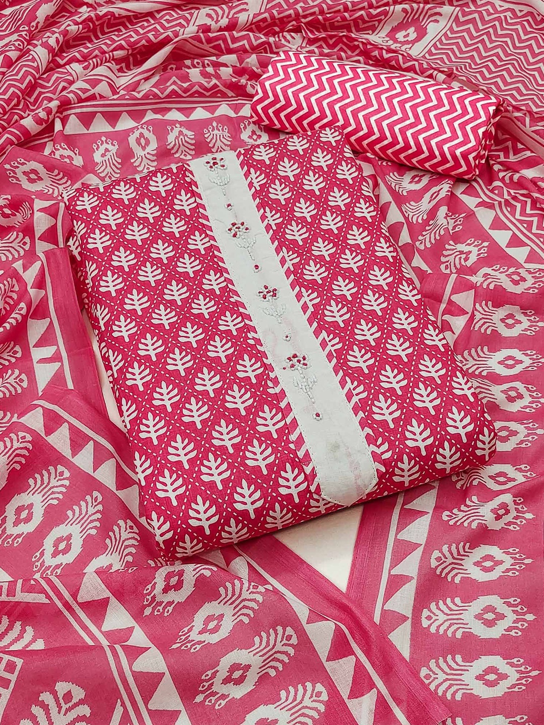 

Peachmode Printed Pure Cotton Unstitched Dress Material, Pink