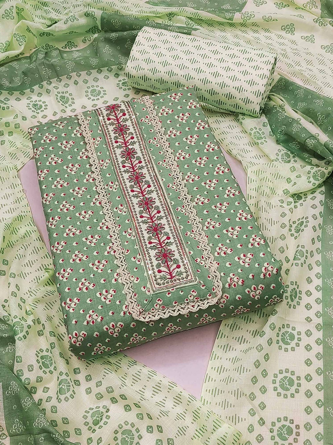 

Peachmode Printed Pure Cotton Unstitched Dress Material, Green