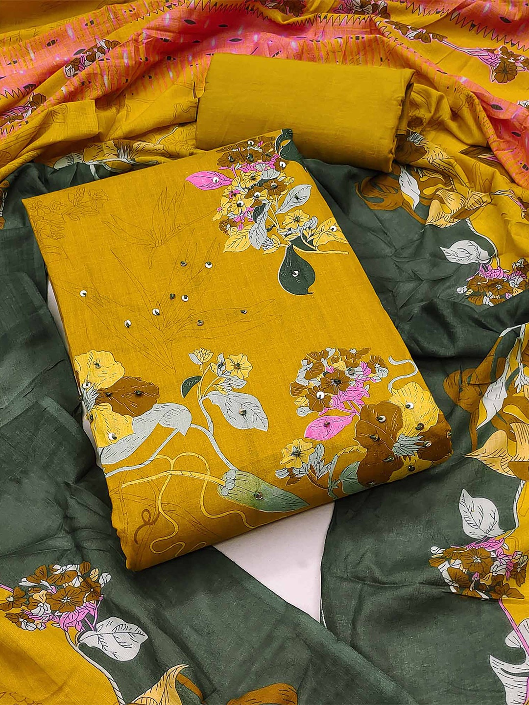 

Peachmode Floral Printed Pure Cotton Sequinned Unstitched Dress Material, Mustard