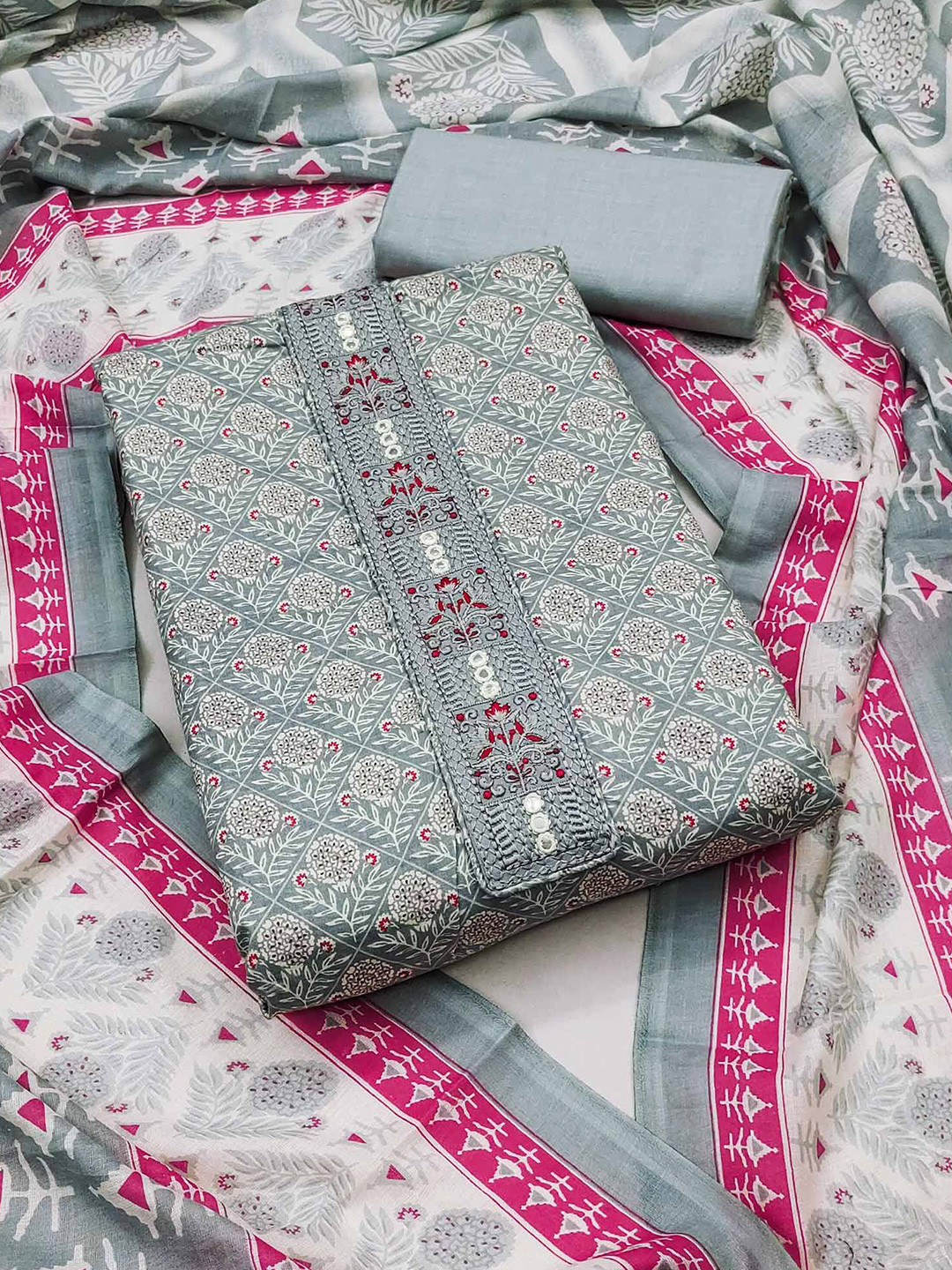 

Peachmode Floral Printed Pure Cotton Unstitched Dress Material, Grey