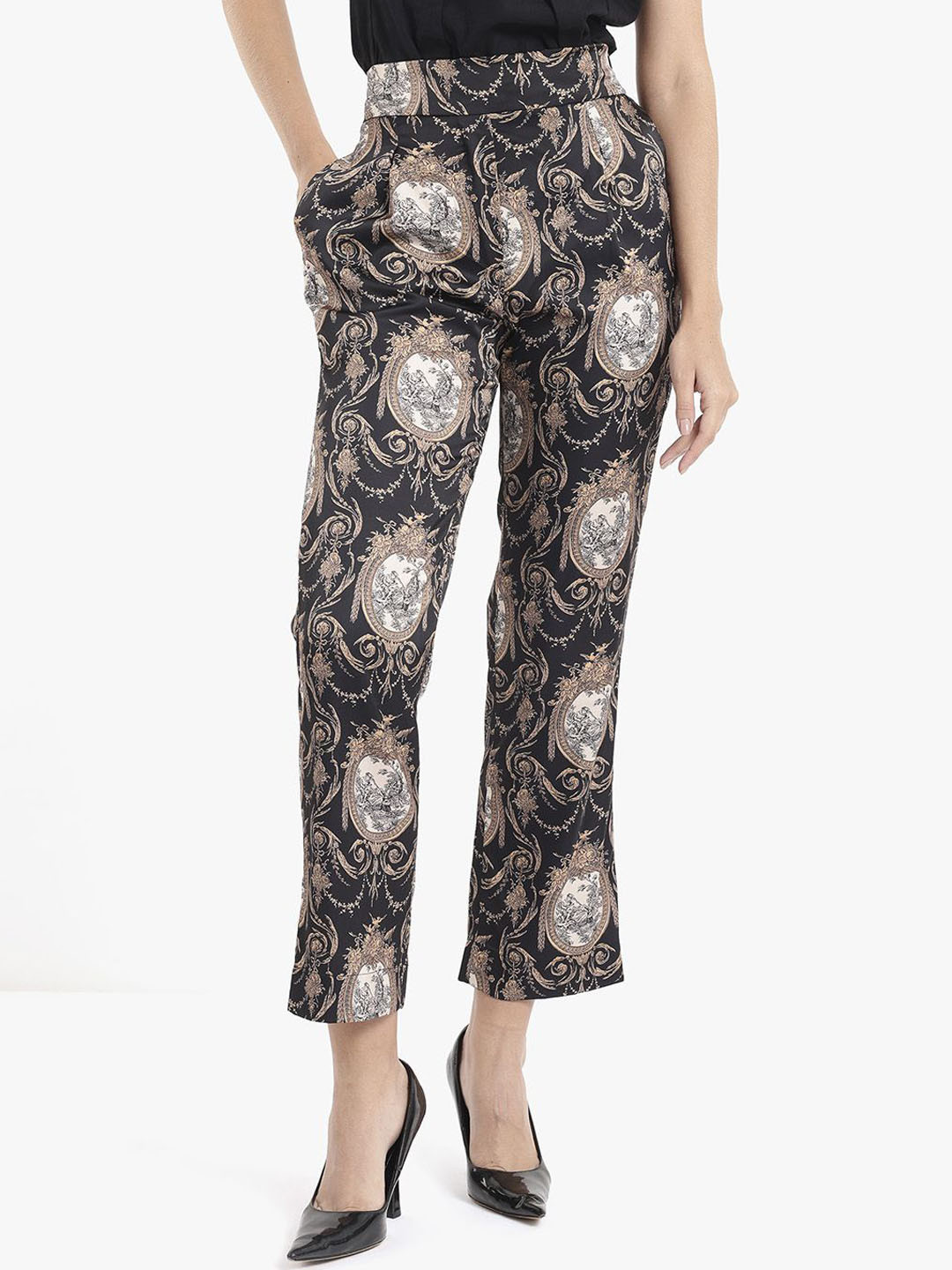 

RAREISM Women Printed Comfort Straight Fit High-Rise Trousers, Black