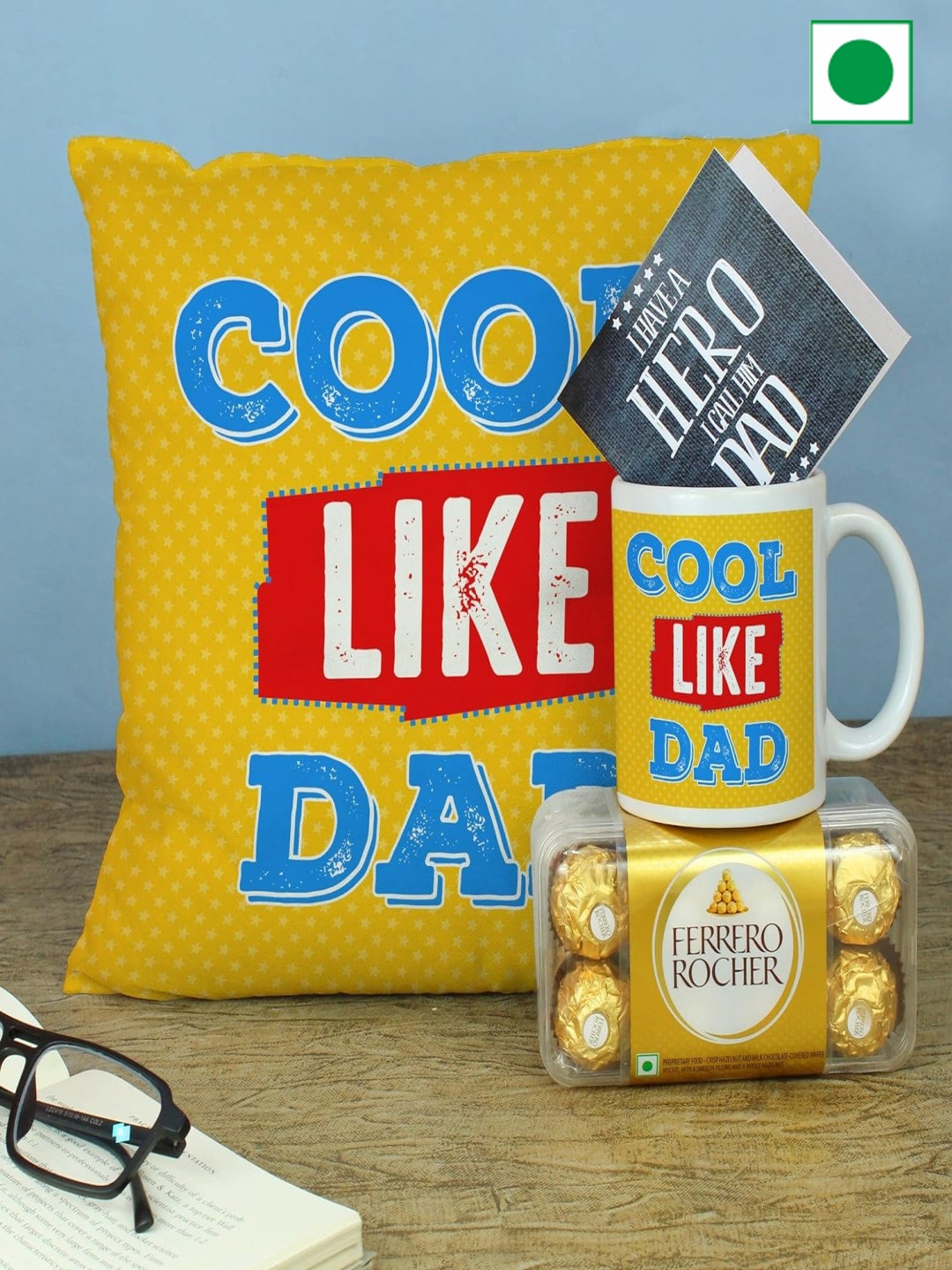 

TIED RIBBONS 4-Pcs Chocolate Mug Card Cushion Fathers Day Gift Hamper, Yellow