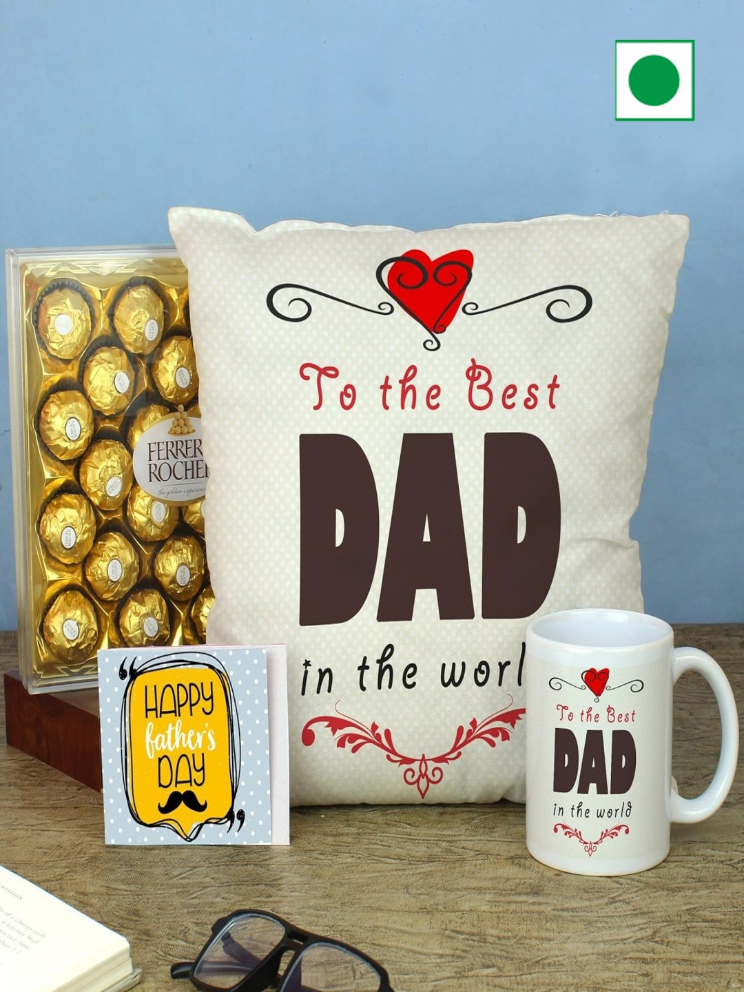 

TIED RIBBONS 4-Pcs Chocolate Mug Card Cushion Fathers Day Gift Hamper, White