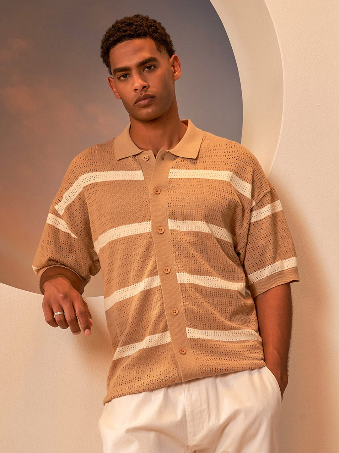 Styli Men Premium Cotton Striped Knit Oversized Shirt, Beige