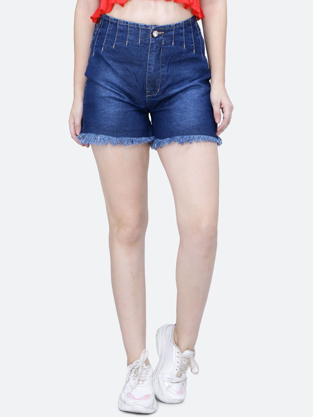 

FCK-3 Women Washed High-Rise Denim Shorts, Blue