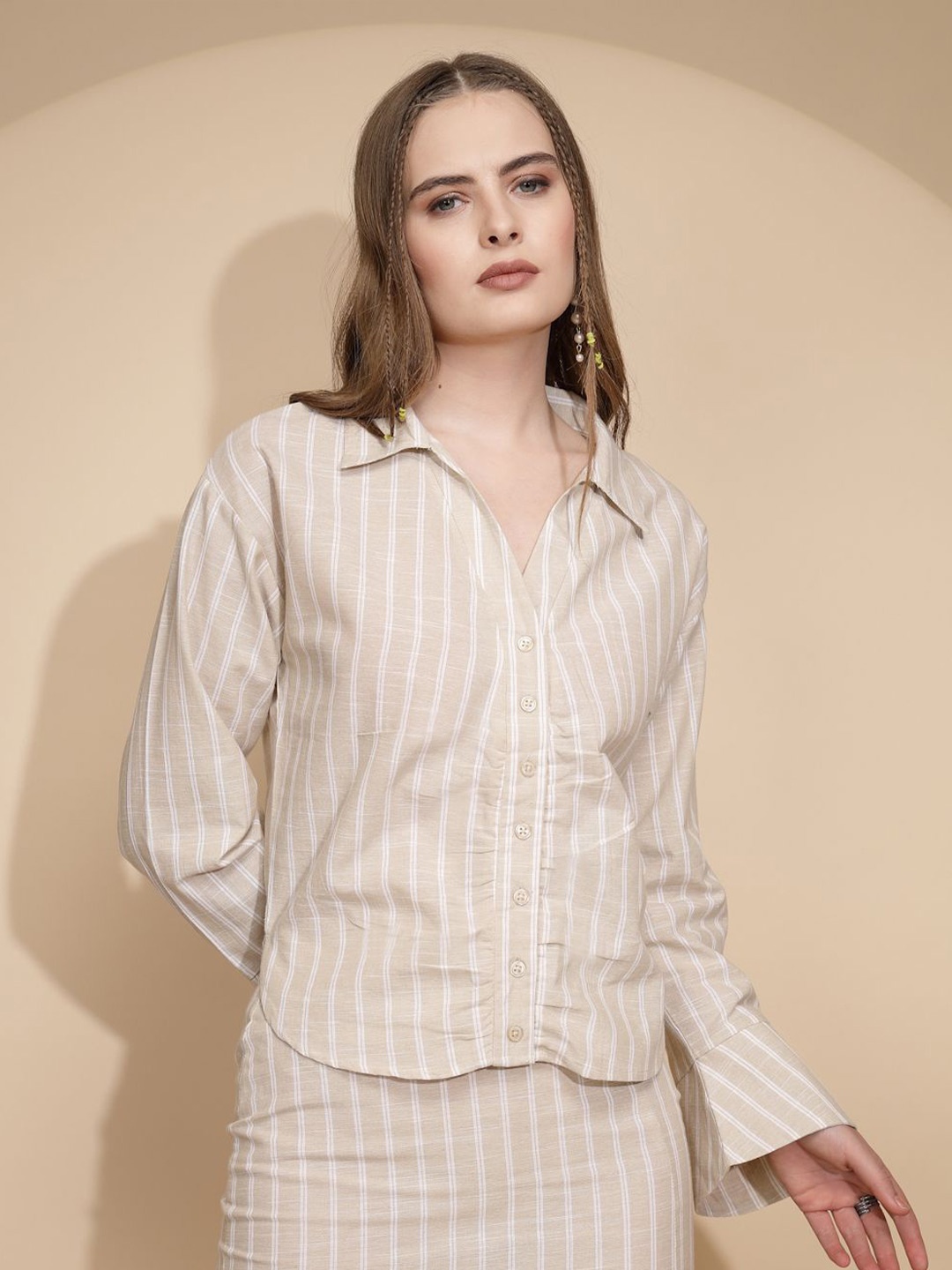 

Global Republic Women Comfort Opaque Striped Casual Shirt, Beige