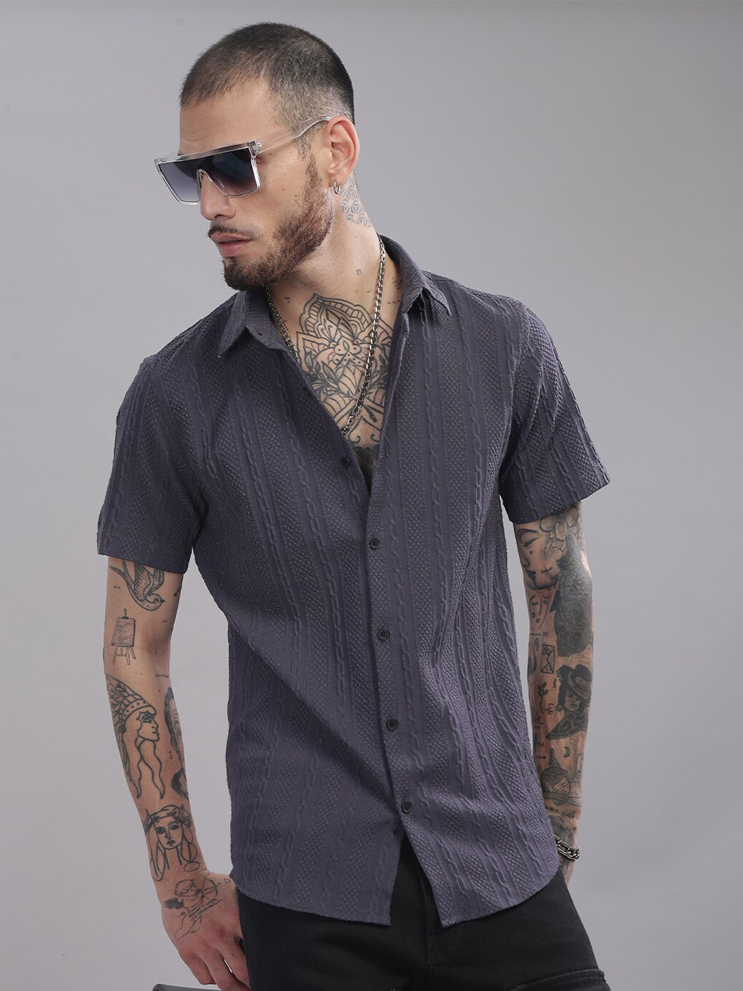 

PAUL STREET Men Standard Slim Fit Opaque Printed Casual Shirt, Charcoal