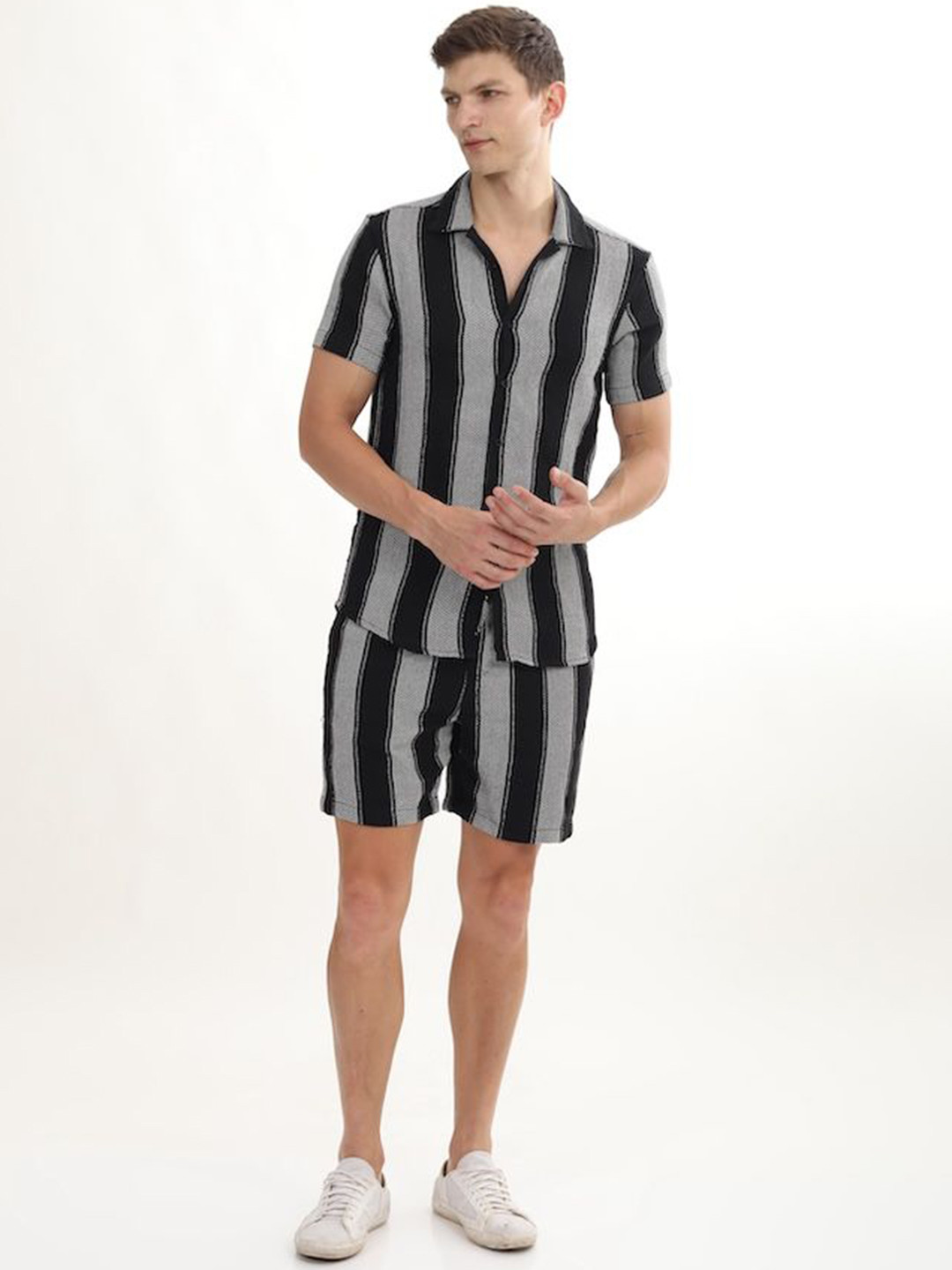 

POE Striped Pure Cotton Shirt With Shorts, Black