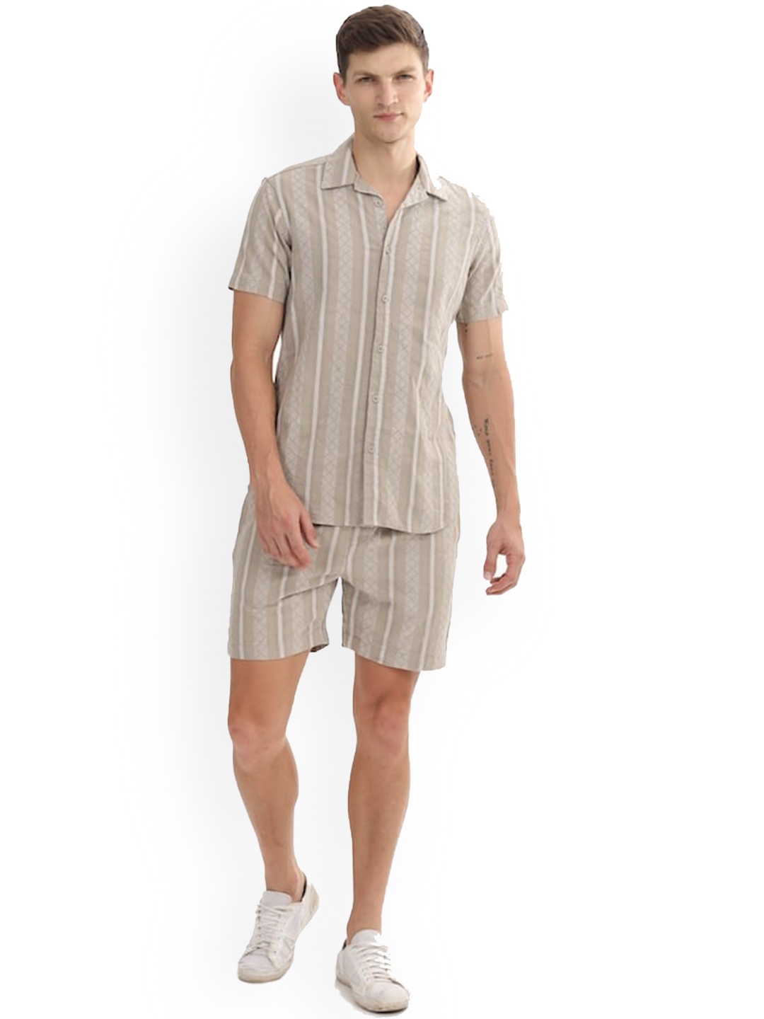 

POE Striped Pure Cotton Shirt With Shorts, Khaki