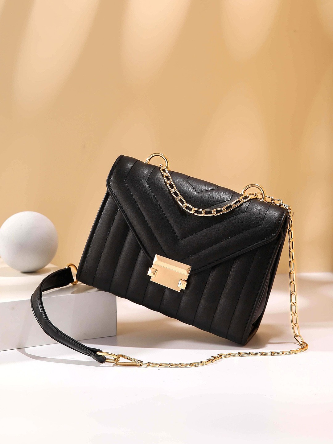

Diva Dale PU Structured Sling Bag with Quilted Details, Black