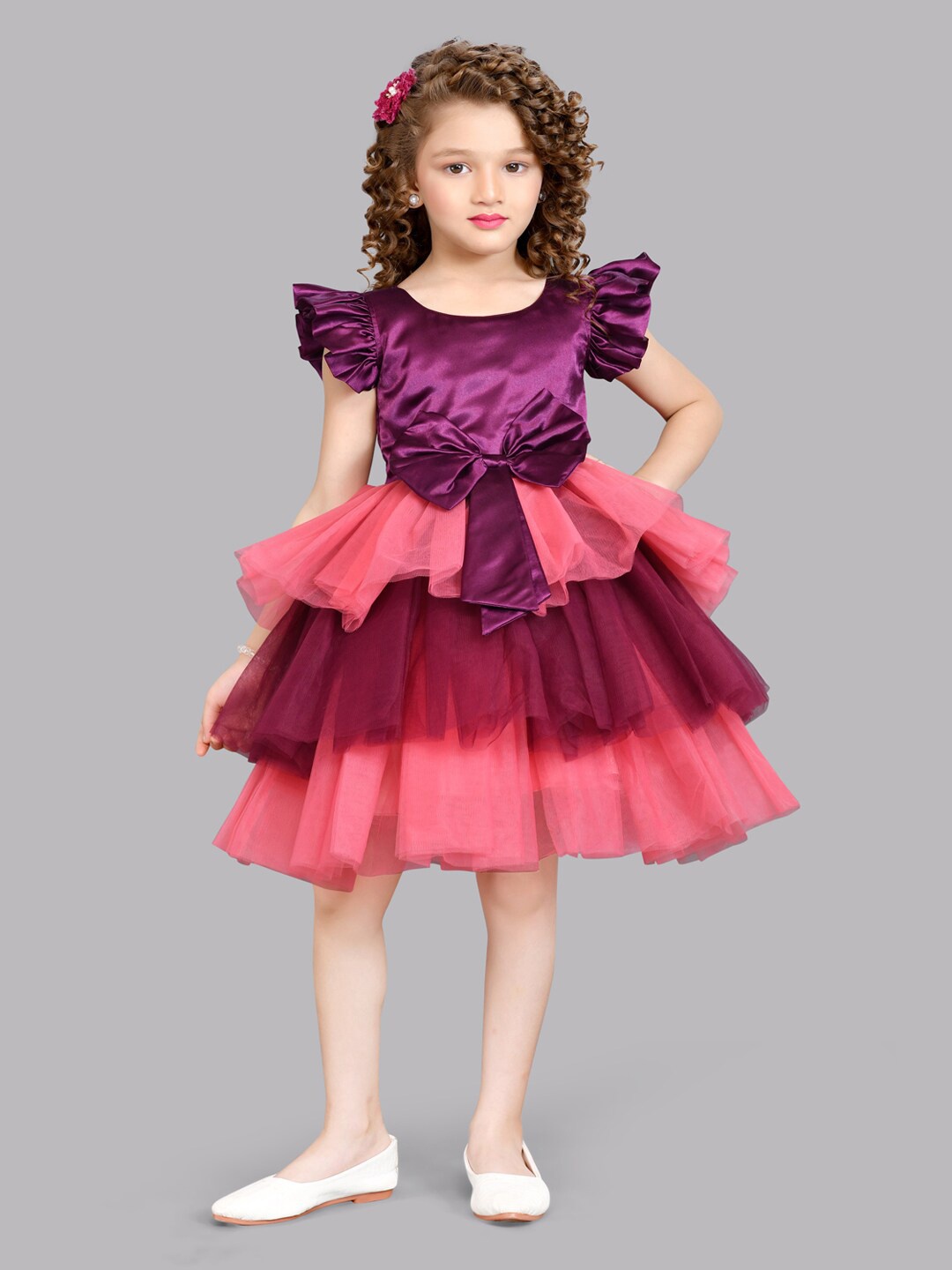 

Pink Chick Flutter Sleeve Layered Net Fit & Flare Dress, Purple