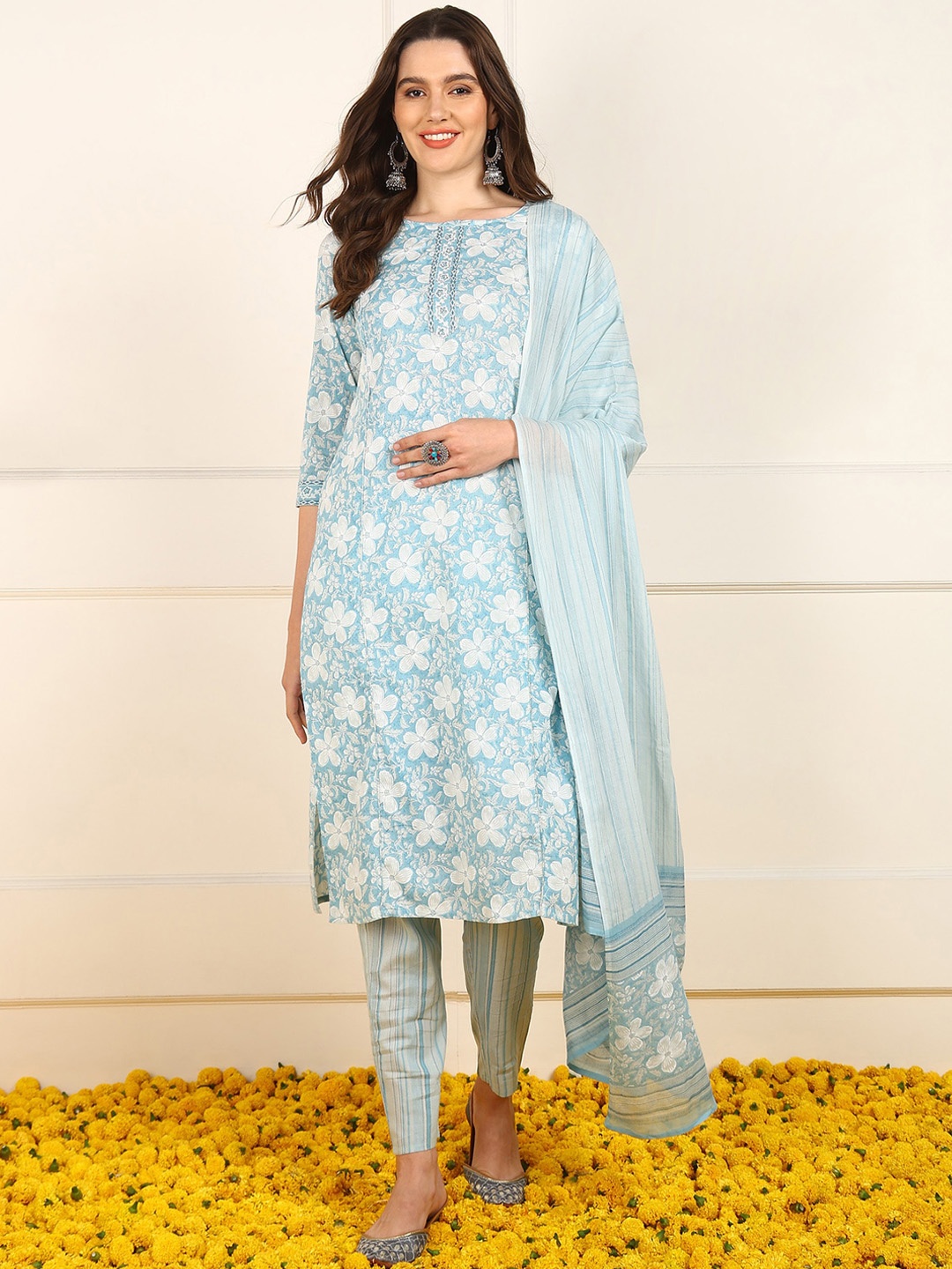 

AHIKA Blue & White Floral Printed Thread Work Pure Cotton Kurta with Trousers & Dupatta