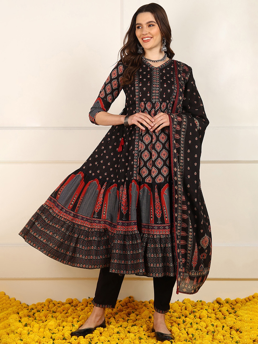 

AHIKA Ethnic Motifs Printed Empire Mirror Work Pure Cotton Kurta With Trousers & Dupatta, Black