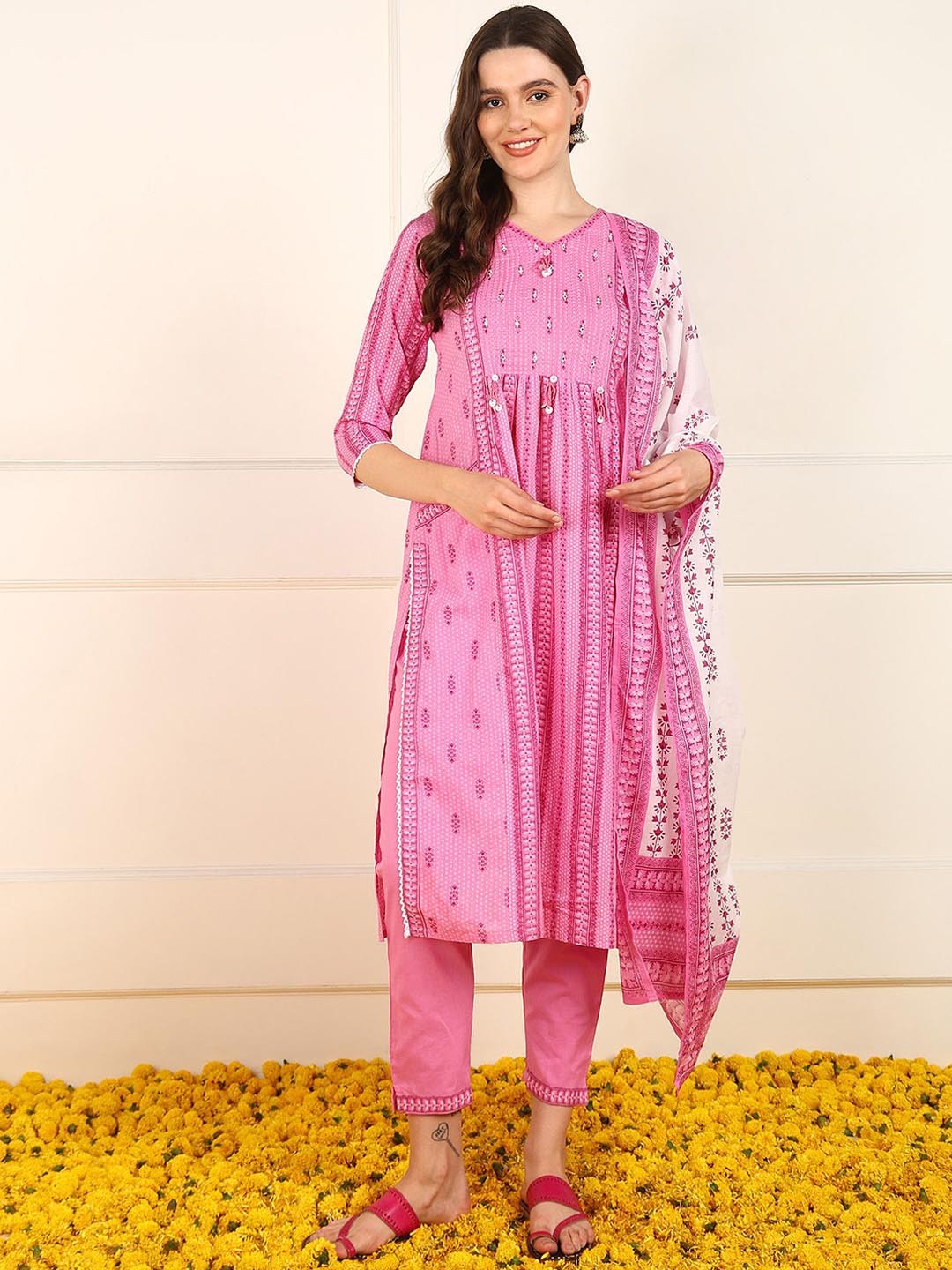 

AHIKA Women Floral Printed Mirror Work Pure Cotton Kurta Trousers With Dupatta, Pink