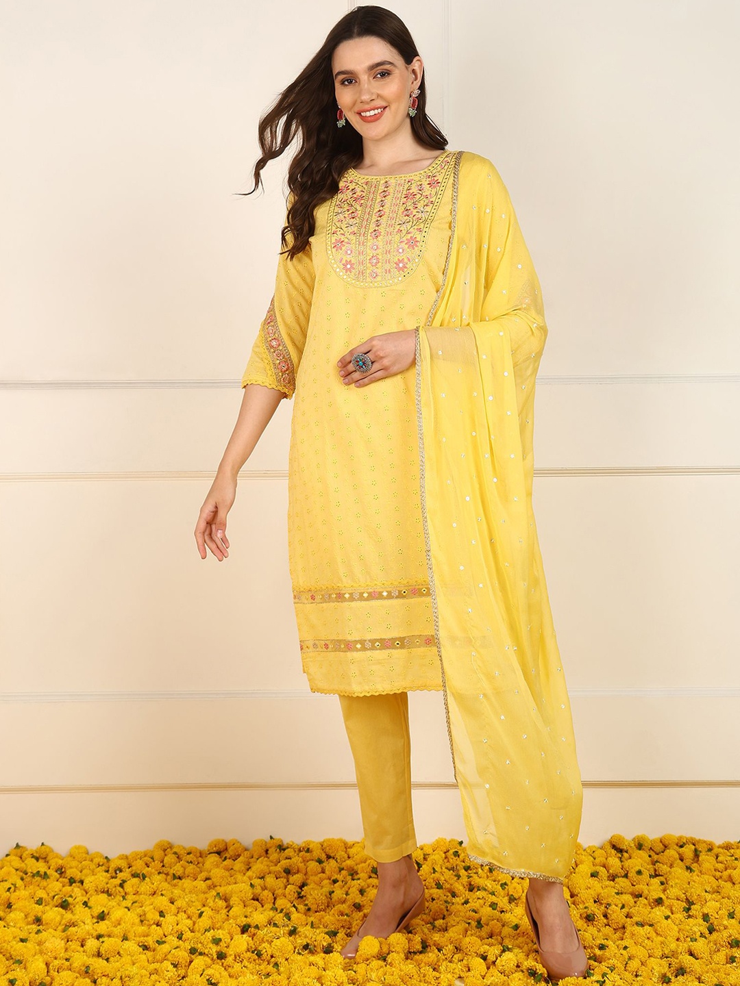 

AHIKA Yellow Floral Embroidered Mirror Work Pure Cotton Kurta with Trousers & Dupatta