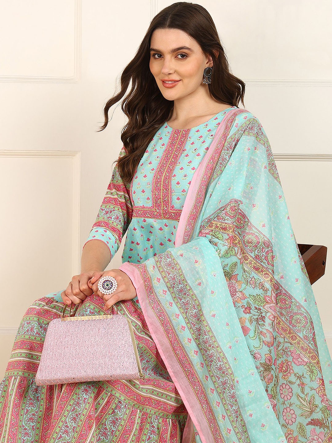 

AHIKA Women Floral Printed Mirror Work Pure Cotton Kurta Trousers With Dupatta, Turquoise blue