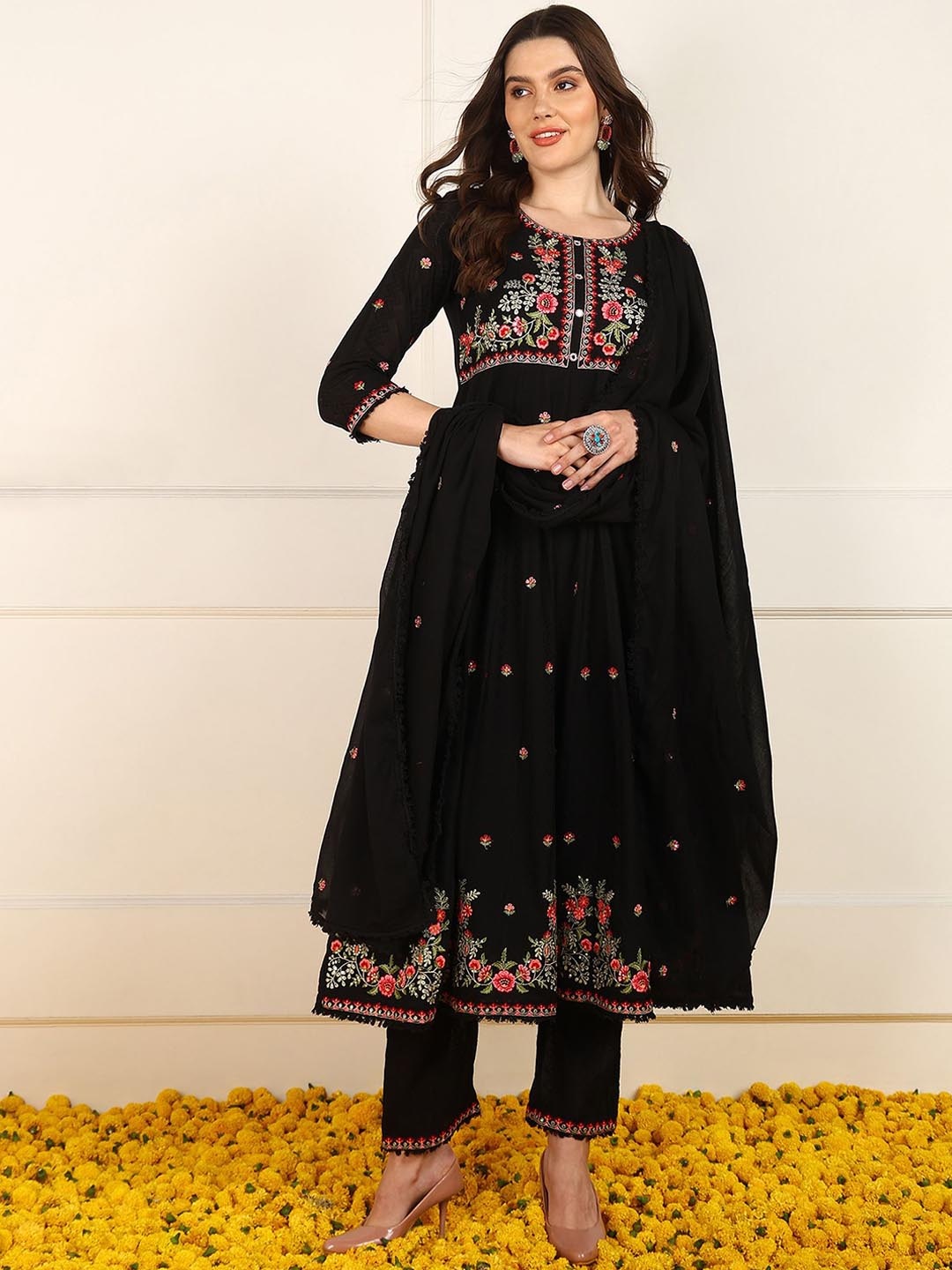 

AHIKA Black Floral Embroidered Pure Cotton Anarkali Kurta with Trousers & Dupatta