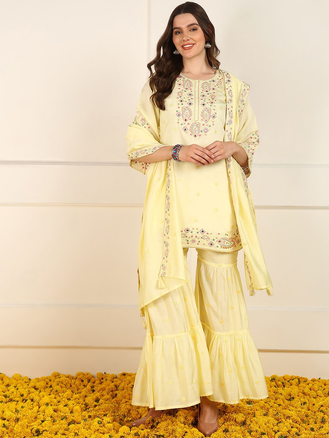 

AHIKA Yellow & Pink Paisley Embroidered Mirror Work Kurti with Sharara & Dupatta
