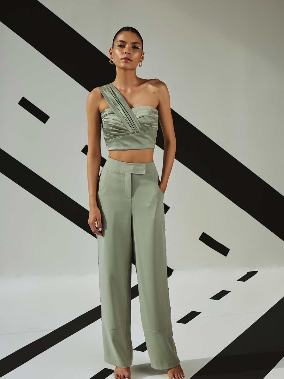 

The Dapper Lady One Shoulder Satin Crop Top, Green