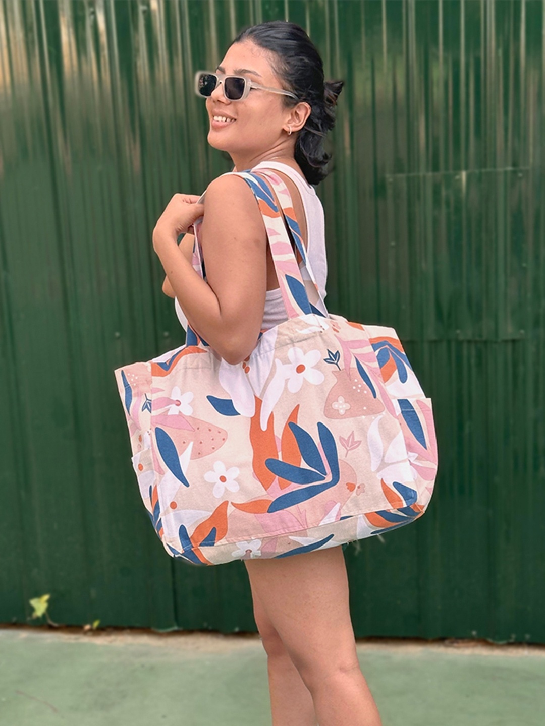 

EcoRight Floral Printed Structured Cotton Tote Bag, White